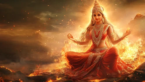 Fiery goddess meditation in blazing ethereal landscape.