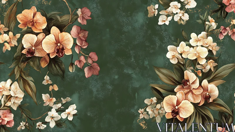 Orchid blooms curling gently across deep green calm.