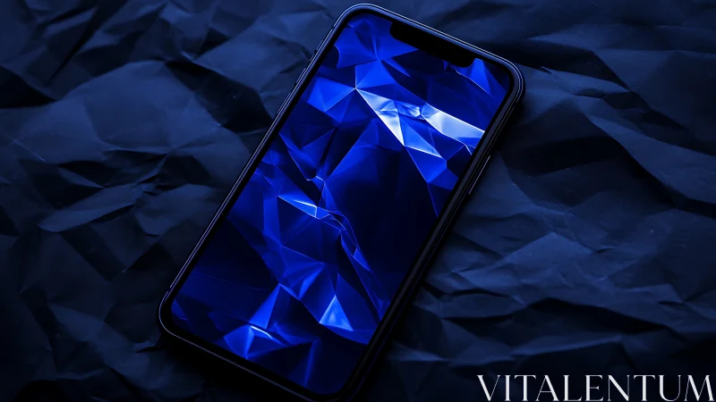 Blue geometric light reflects across smartphone display surface.