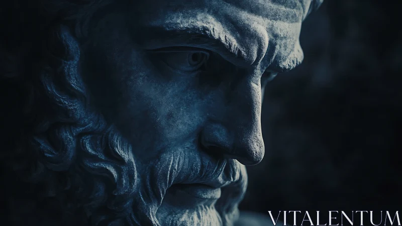 Brooding marble philosopher in dramatic blue shadowed light