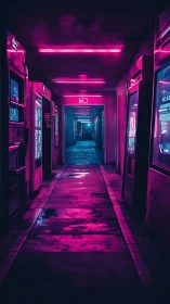 Neon hallway glows in vivid pink light and quiet mystery