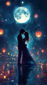 Silhouetted couple embracing beneath luminous full moon night