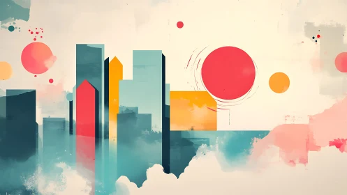 Geometric cityscape composition integrates blocks and circles