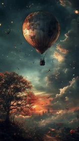 Hot air balloon over twilight landscape with distant town.