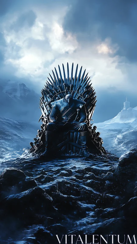Frozen iron throne under stormy skies invites quiet awe.
