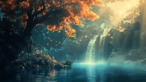 Digital forest waterfall scene with orange foliage and pool.