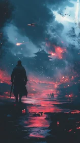 Lone warrior crosses burning ruins under a stormlit sky