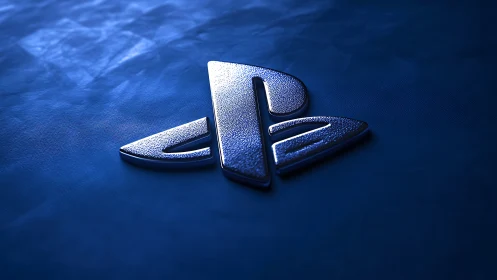 Metallic gaming logo on textured blue background.