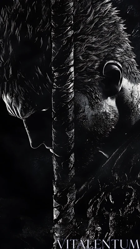 Monochrome warrior profile divided by textured blade.