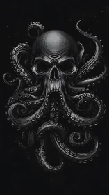 Skull merged with swirling octopus tentacles in black tones.