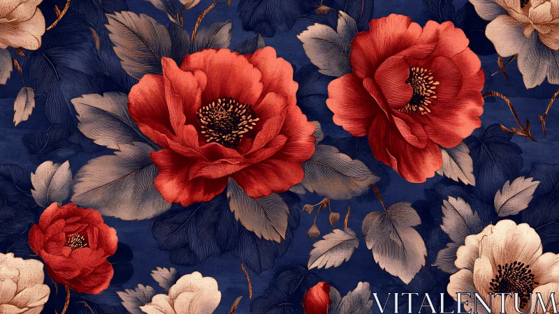 Red Peonies on Navy Floral Pattern.