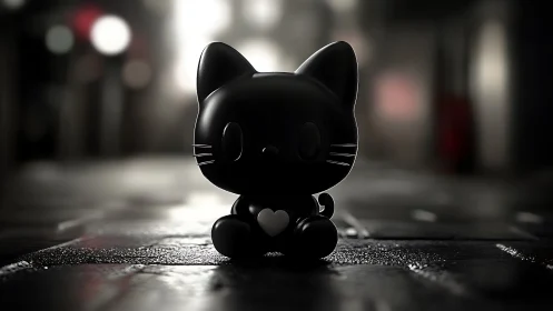 Midnight toy cat cradles a glowing heart on wet pavement
