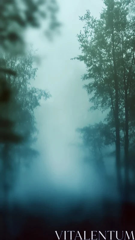 Misty Forest Path Dissolves Into Atmospheric Haze.