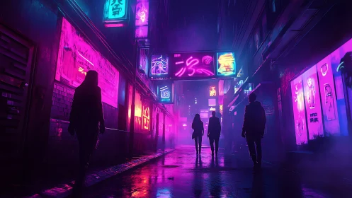 Neon lit alleyway shows silhouettes walking through rain