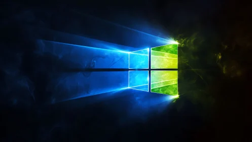 Glowing divided window logo with blue and green light beams.