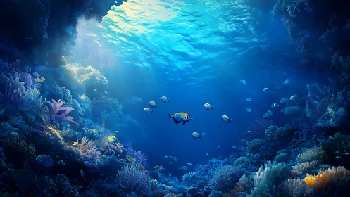 Sunlit coral canyon with wandering jewel fish parade.