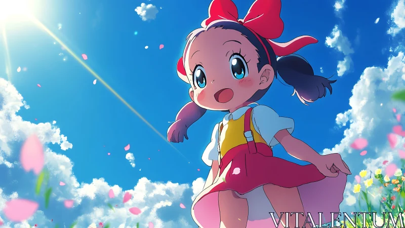 Cheerful girl strides through sunlit spring meadow sky