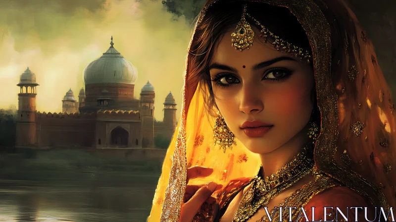 Regal bridal portrait with jeweled veil by riverside palace.