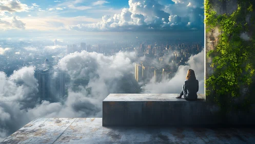 Solitary figure overlooks cloud-laced futuristic cityscape calmly