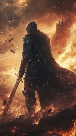 Armored knight surveys burning fortress amid volumetric firestorm