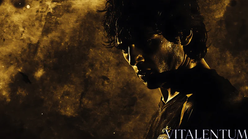 Brooding sports hero in molten gold and shadowed light.