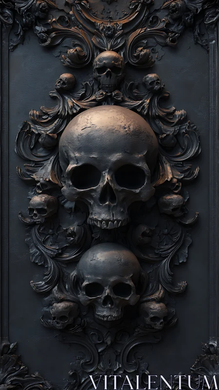 Baroque skull relief panel with ornate dark metal scrollwork.