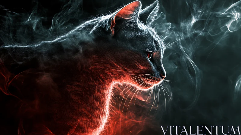 Luminous feline profile glows through swirling red smoke