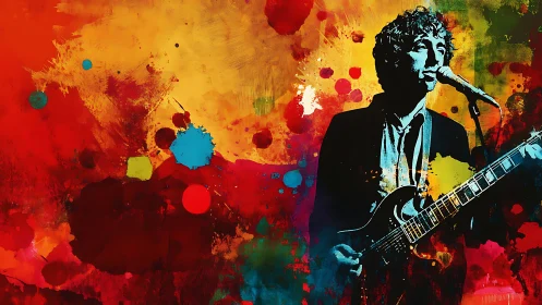 Guitarist in a splash of color, where music paints the air.