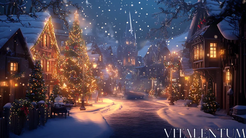 Snowy village street with glowing Christmas lights at night.