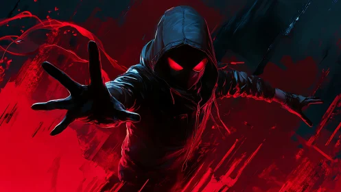 Hooded vigilante lunges through red neon chaos at viewer.