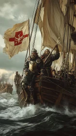 Medieval armored sailors stand on crowded wooden warship