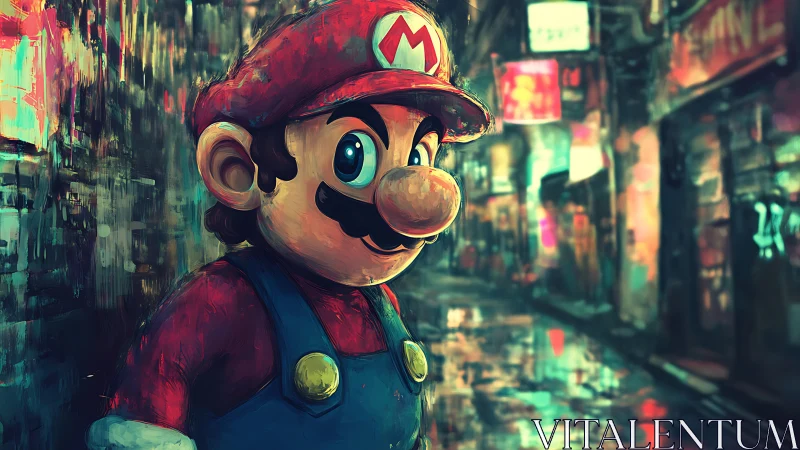 Plumber hero portrait glows in neon-soaked rainy alleyway.