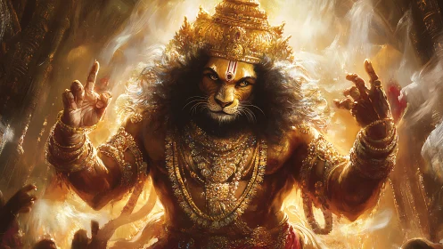 Lion-faced deity in ornate gold setting with raised hands.