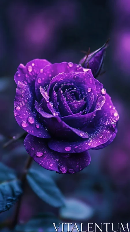Purple rose with water droplets in macro focus.