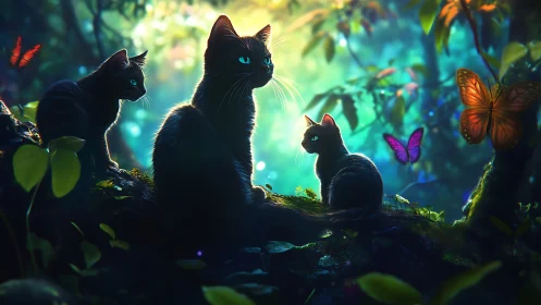 Three Black Felines in Ethereal Forest with Iridescent Butterfly Subjects