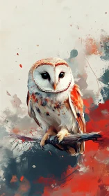 Painted barn owl rests amid vivid abstract color storm.