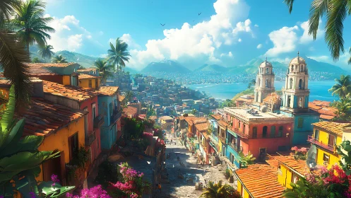 Hillside coastal town shows colorful houses and distant bay