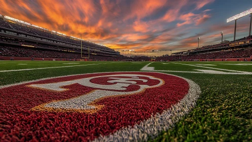 Sunset over football field logo inside packed stadium.