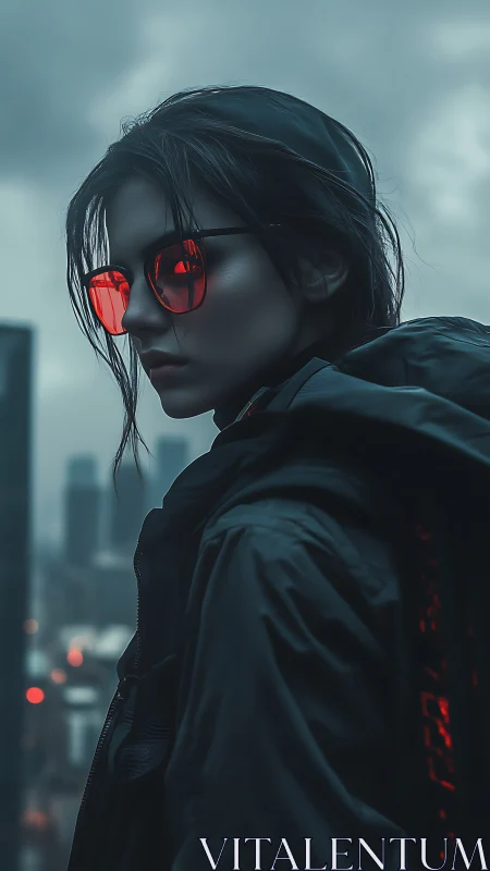 Red lens urban sentinel in teal-toned atmospheric gloom.