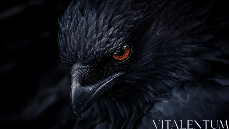 Intense close-up of black raven with striking orange eye, dark art style.