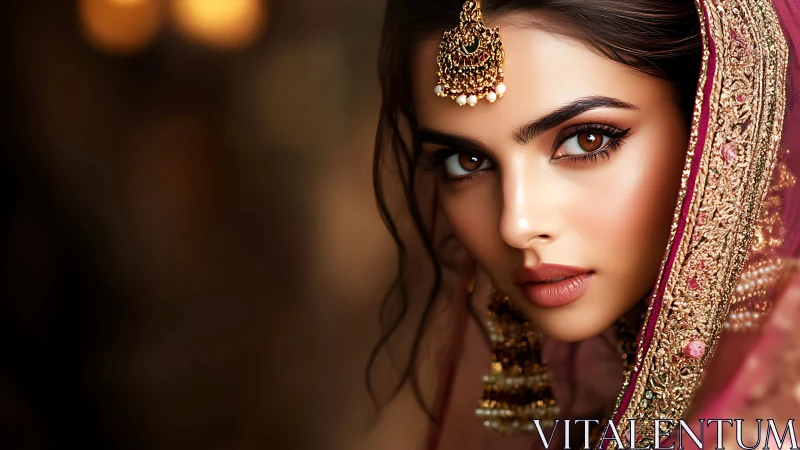 Portrait shows woman in ornate bridal attire and jewelry