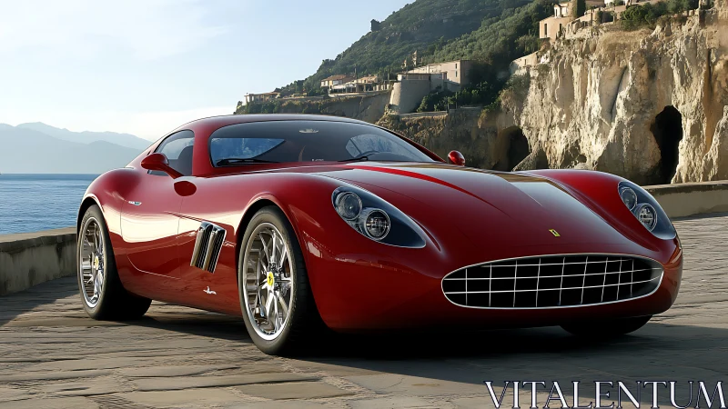 Scarlet coastal supercar purring under sunlit cliffside sky.