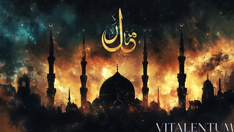 Mosque silhouette under cosmic sky with Arabic calligraphy.