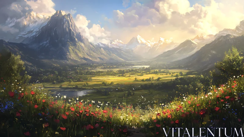 Wide alpine valley landscape is depicted with distant mountains