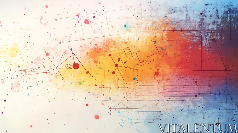 Abstract geometric art with colorful paint splatters and lines.