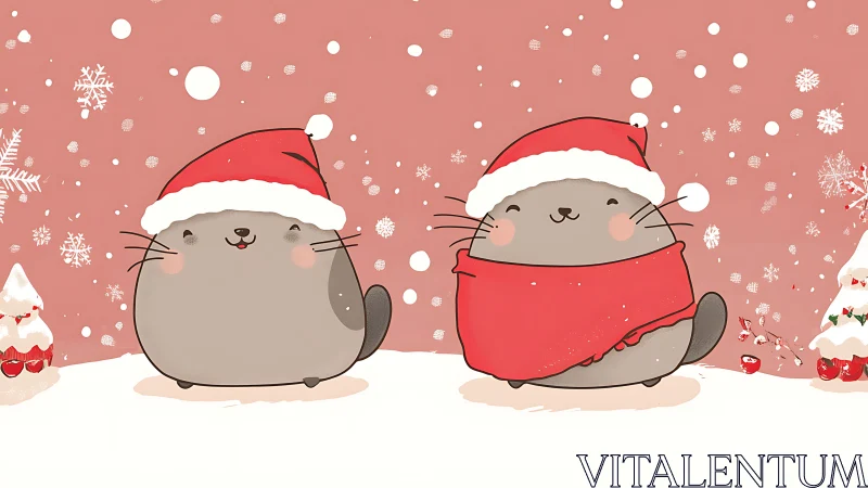 Festive Round Cats in Santa Hats Amid Snowfall.