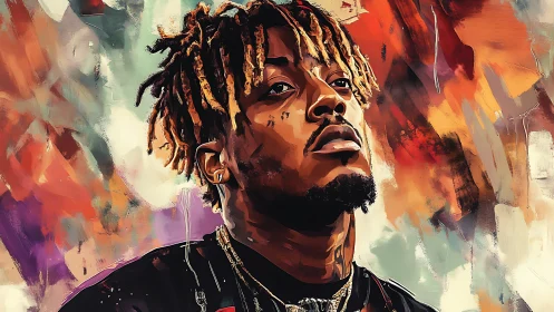 Expressive hip-hop portrait with fiery abstract color field.
