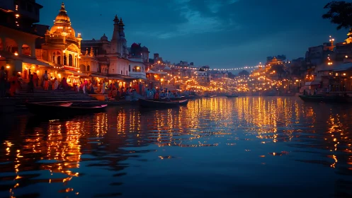 Riverside ghats glow under blue hour festival lantern skies.