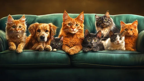 Seven Companions on Green Upholstery: Cats and Dogs Gathered Together.