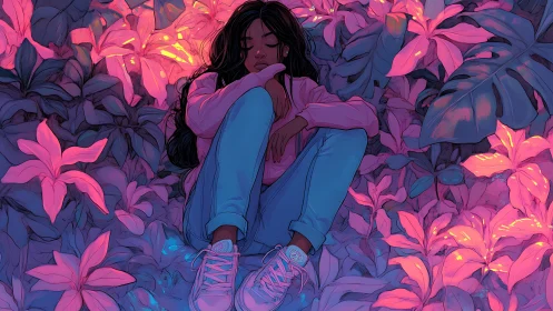 Dreamy young woman resting in neon glowing jungle garden.